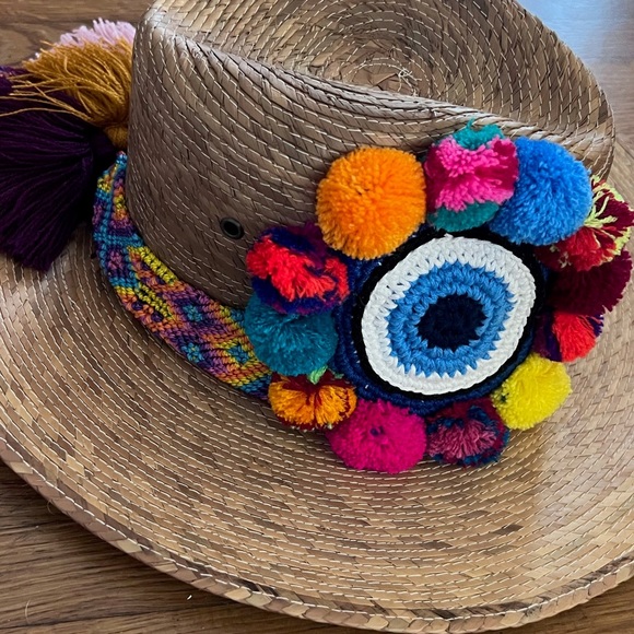 Vibrant Fun In the Sun Multicolor Pom Pom Evil Eye Protection Sunhat Beach Hat - Picture 7 of 8